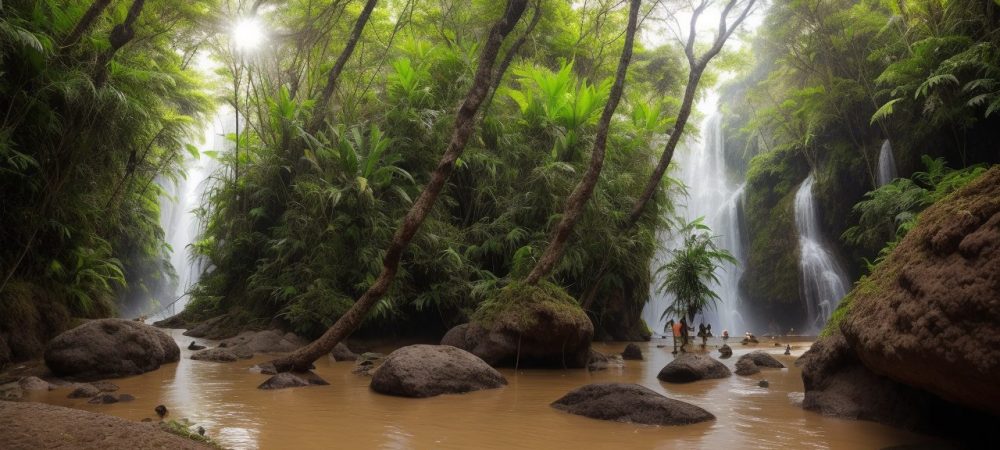 Instrutor de ecoturismo guiando grupo em trilha, demonstrando turismo sustentável e conexão com a natureza