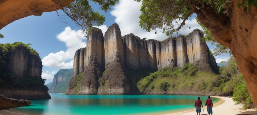 Imagem de um guia de turismo explorando um destino regional com turistas, focando em roteiros e experiências únicas.