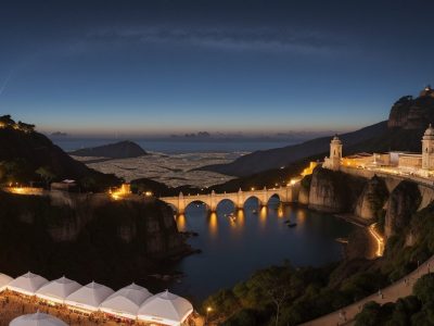 Imagem mostrando um guia de turismo regional apresentando pontos turísticos e belezas naturais da região para turistas.