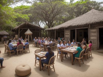Imagem de um guia de turismo regional mostrando um grupo de pessoas explorando um local cultural, com foco na interação e descoberta.