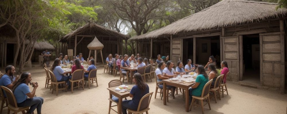 Imagem de um guia de turismo regional mostrando um grupo de pessoas explorando um local cultural, com foco na interação e descoberta.