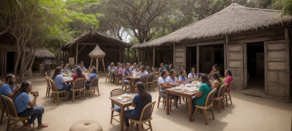 Imagem de um guia de turismo regional mostrando um grupo de pessoas explorando um local cultural, com foco na interação e descoberta.