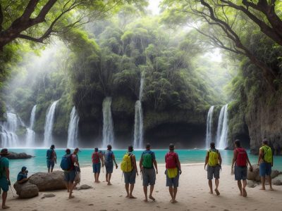 Imagem ilustrativa de um guia de turismo regional mostrando um mapa e um grupo de pessoas explorando um destino, representando a formação em turismo regional.