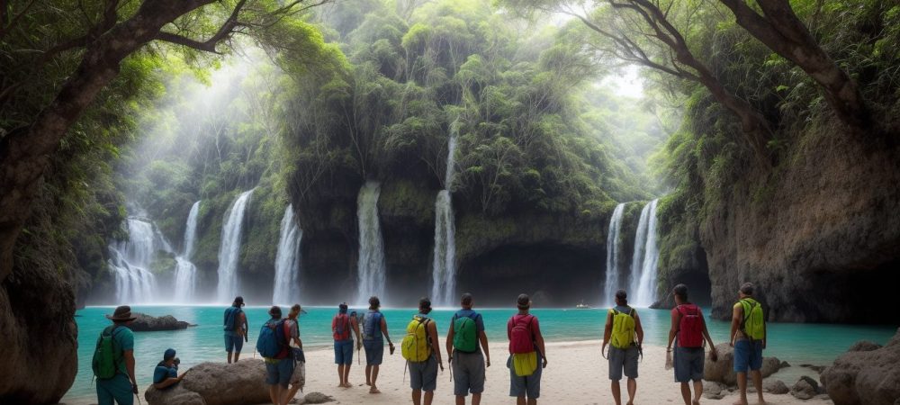 Imagem ilustrativa de um guia de turismo regional mostrando um mapa e um grupo de pessoas explorando um destino, representando a formação em turismo regional.