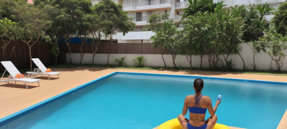 Aula de hidroginástica em piscina, mostrando exercícios para idosos e gestantes com benefícios para a saúde e bem-estar.
