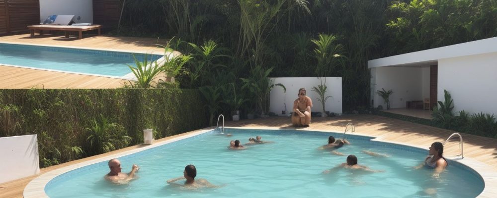 Aula de hidroginástica com idosos se exercitando na piscina, com foco nos benefícios para a saúde e bem-estar.