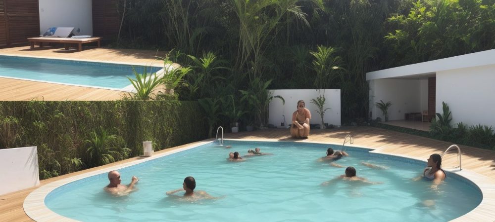Aula de hidroginástica com idosos se exercitando na piscina, com foco nos benefícios para a saúde e bem-estar.