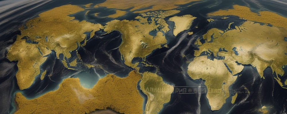 Imagem que representa a história contemporânea, com elementos visuais da Revolução Francesa, Primeira e Segunda Guerra Mundial e globalização