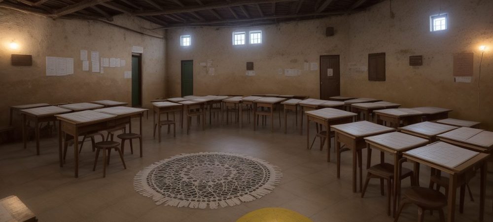 Estudantes engajados em sala de aula, explorando a história local da cidade e do bairro com mapas e projetos.