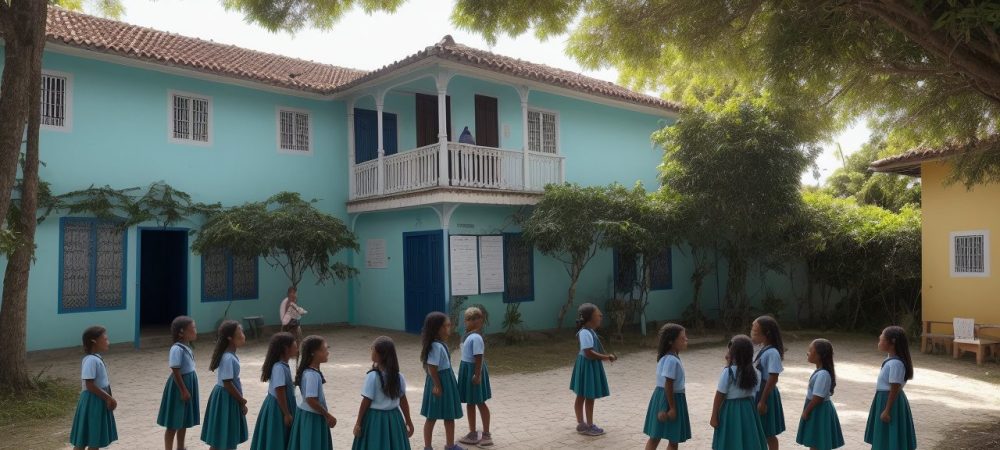 Crianças explorando a história da cidade em uma atividade de campo, com prédios históricos ao fundo, promovendo o ensino de história local