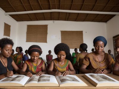 Ilustração de sala de aula com alunos explorando mapas e elementos visuais sobre história africana.