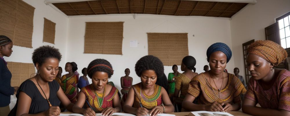 Ilustração de sala de aula com alunos explorando mapas e elementos visuais sobre história africana.