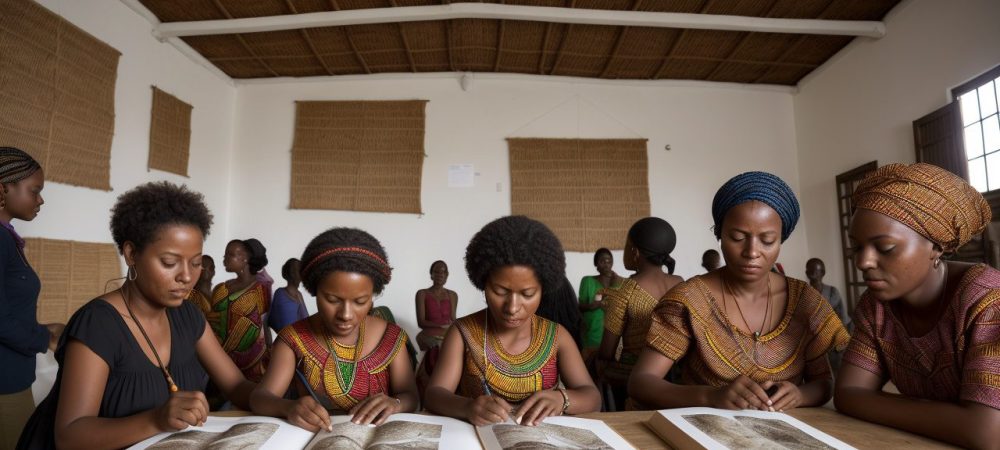 Ilustração de sala de aula com alunos explorando mapas e elementos visuais sobre história africana.
