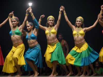 Imagem vibrante retratando a história da dança no Brasil, mostrando diversos estilos e influências culturais.