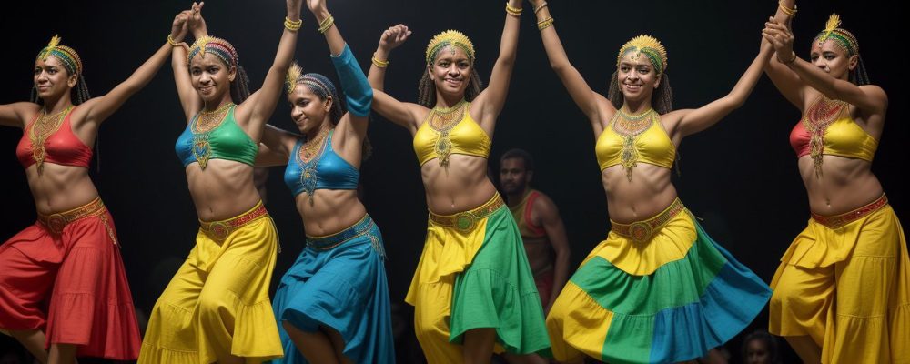 Imagem vibrante retratando a história da dança no Brasil, mostrando diversos estilos e influências culturais.