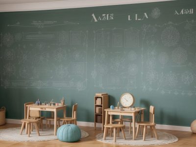 Sala de aula interativa com mapas da história da matemática e alunos engajados