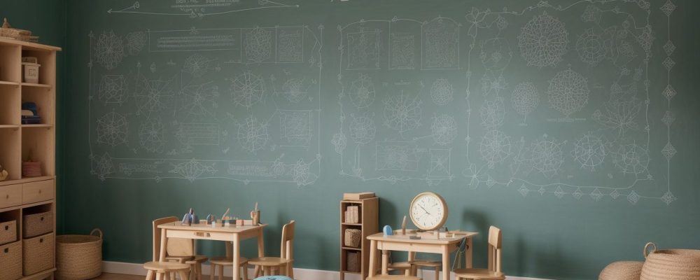 Sala de aula interativa com mapas da história da matemática e alunos engajados