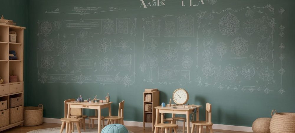 Sala de aula interativa com mapas da história da matemática e alunos engajados