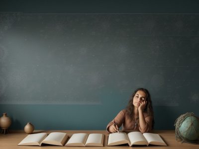 Estudantes discutindo a história da matemática e suas descobertas em sala de aula interativa