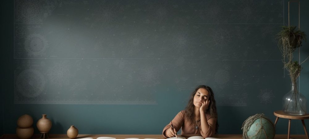 Estudantes discutindo a história da matemática e suas descobertas em sala de aula interativa