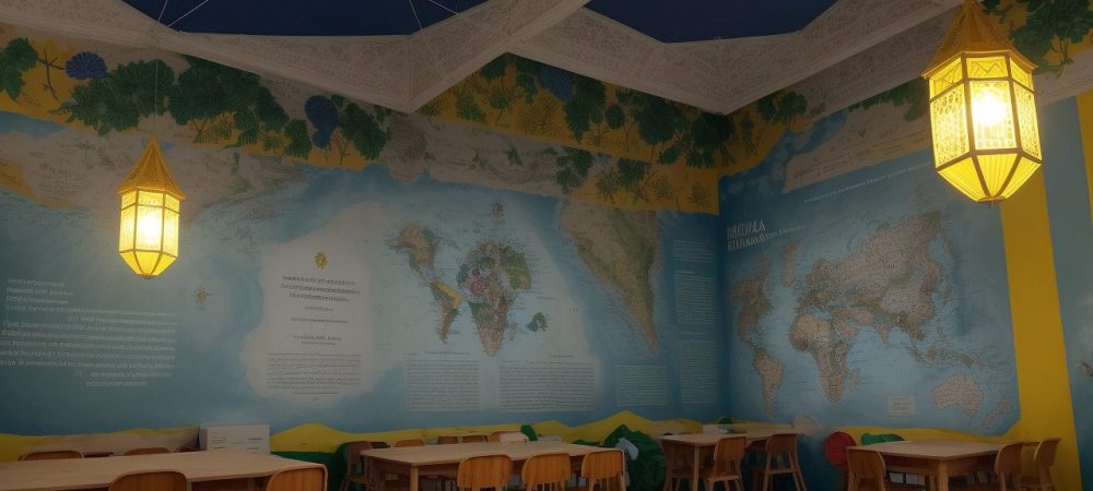 Uma imagem ilustrativa da história do Brasil, mostrando elementos da independência do Brasil e da Brasil Colônia em um ambiente educacional.