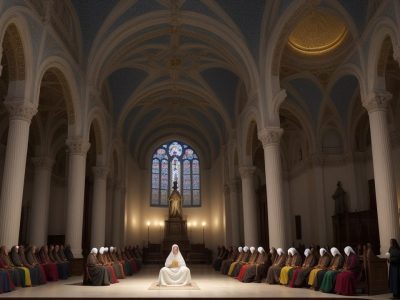 Alunos discutindo e analisando a história do cristianismo em uma sala de aula, com livros e elementos visuais que representam a diversidade religiosa.