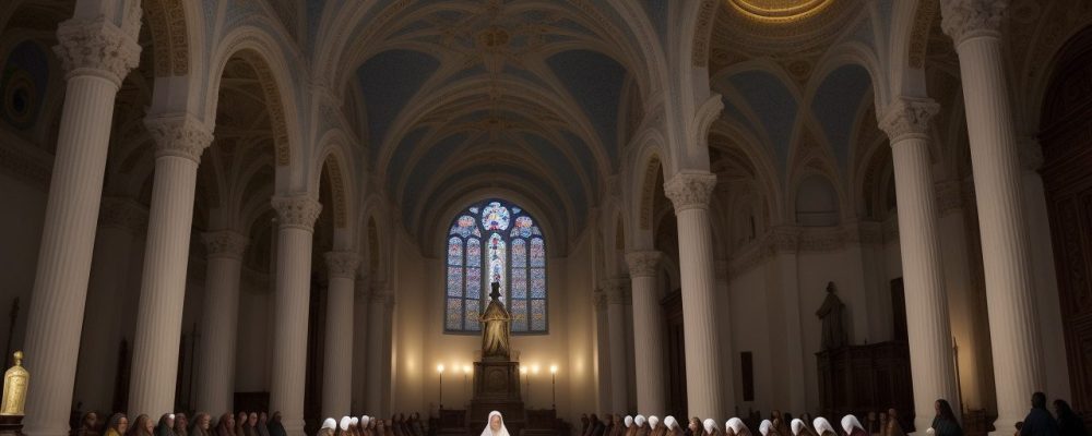 Alunos discutindo e analisando a história do cristianismo em uma sala de aula, com livros e elementos visuais que representam a diversidade religiosa.
