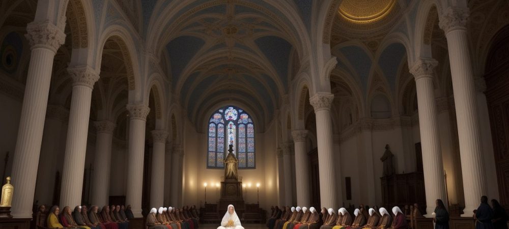 Alunos discutindo e analisando a história do cristianismo em uma sala de aula, com livros e elementos visuais que representam a diversidade religiosa.