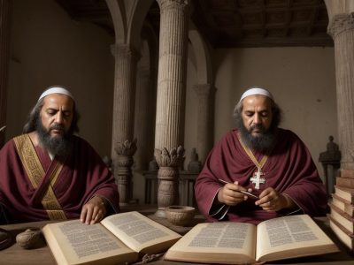 Ilustração mostrando a convergência da história do cristianismo e do budismo, com símbolos religiosos e livros antigos.