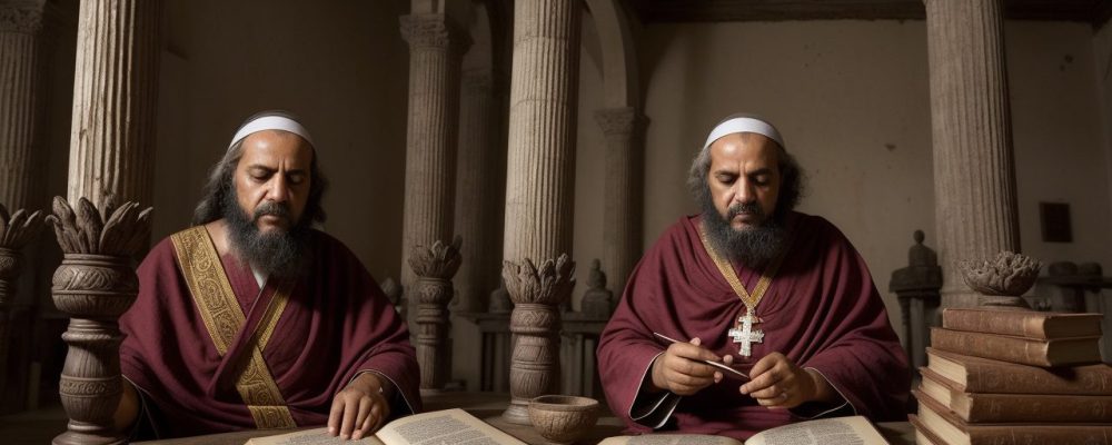 Ilustração mostrando a convergência da história do cristianismo e do budismo, com símbolos religiosos e livros antigos.