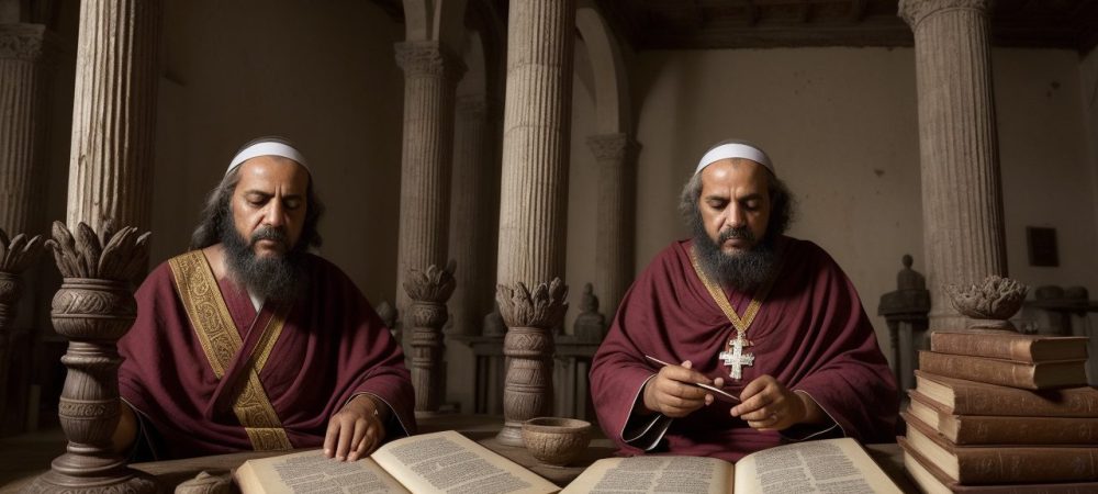 História do Cristianismo e Budismo: Ensinamentos em Debate Ilustração mostrando a convergência da história do cristianismo e do budismo, com símbolos religiosos e livros antigos.