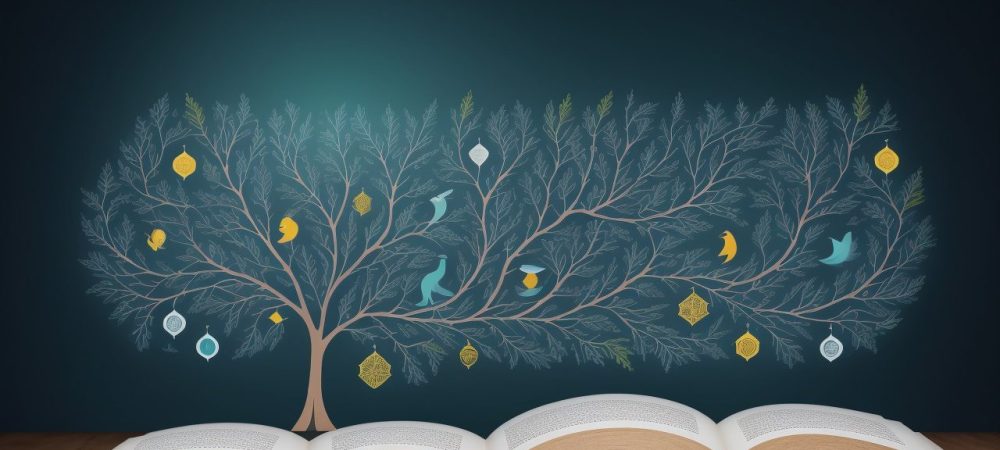 Ilustração que representa a interseção entre humanidades e ciências sociais, mostrando livros, gráficos e pessoas discutindo ideias.