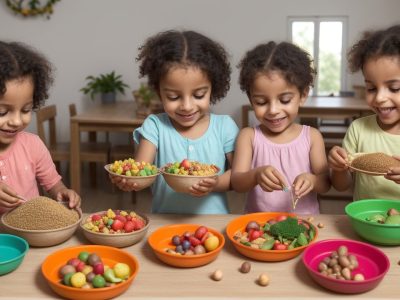 Crianças sorrindo praticando exercícios e comendo alimentos saudáveis, promovendo um estilo de vida com foco no IMC infantil e alimentação