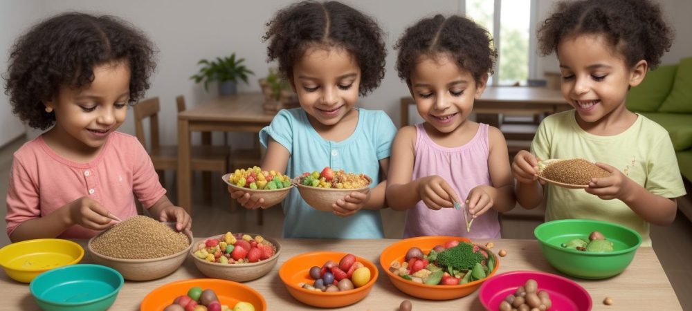 Crianças sorrindo praticando exercícios e comendo alimentos saudáveis, promovendo um estilo de vida com foco no IMC infantil e alimentação
