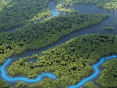 Representação visual de um sistema de gestão ambiental com a norma ISO 14001, mostrando engrenagens e um planeta Terra, simbolizando sustentabilidade e eficiência.