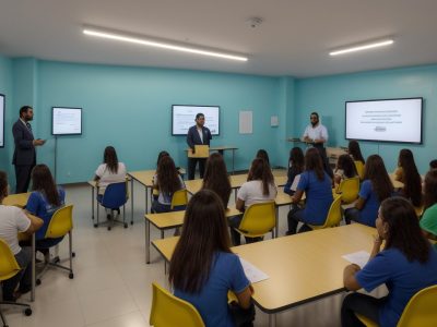 Sala de aula com professores observando alunos e gráficos de desempenho sobre dificuldades de aprendizagem