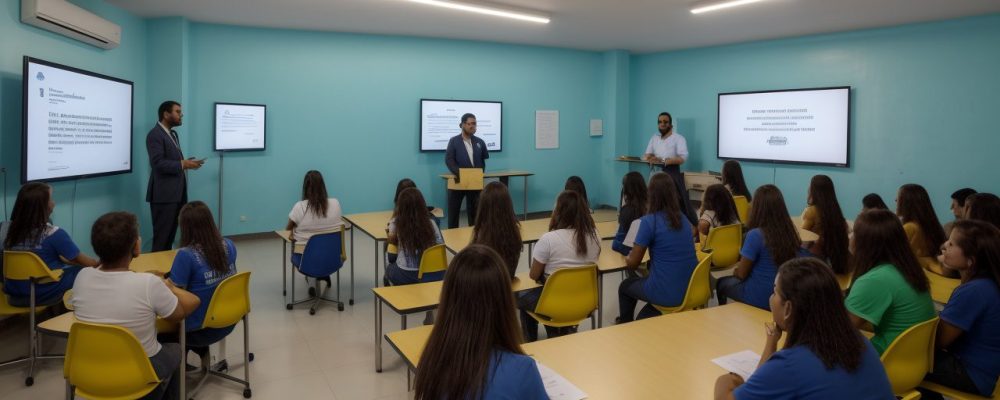 Sala de aula com professores observando alunos e gráficos de desempenho sobre dificuldades de aprendizagem