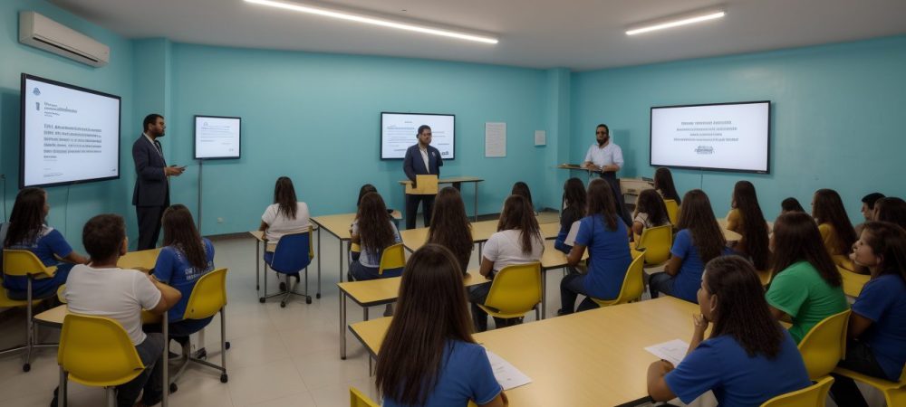 Sala de aula com professores observando alunos e gráficos de desempenho sobre dificuldades de aprendizagem