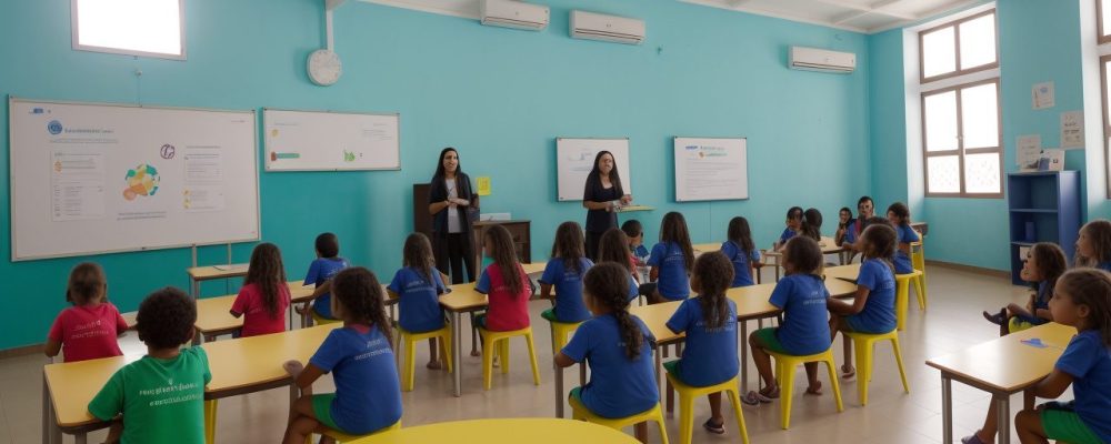 Cena de sala de aula com estudantes ativamente engajados em atividades de aprendizagem e diálogo sobre dificuldades.