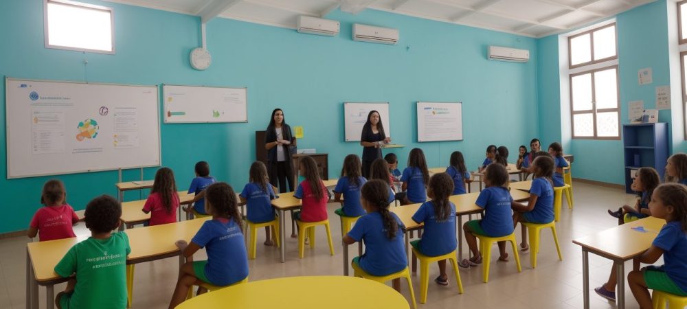 Cena de sala de aula com estudantes ativamente engajados em atividades de aprendizagem e diálogo sobre dificuldades.