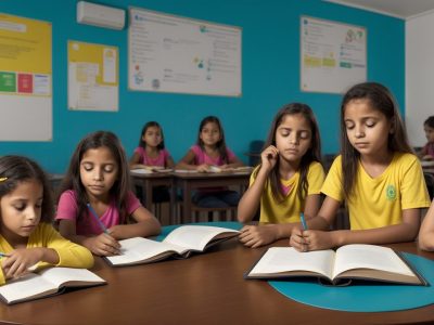 Crianças em sala de aula identificando dificuldades de aprendizagem com apoio de educadores