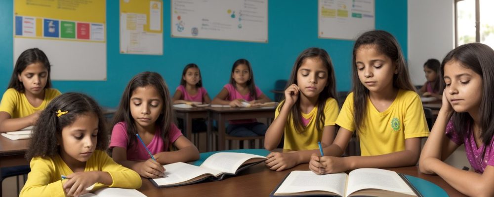 Crianças em sala de aula identificando dificuldades de aprendizagem com apoio de educadores