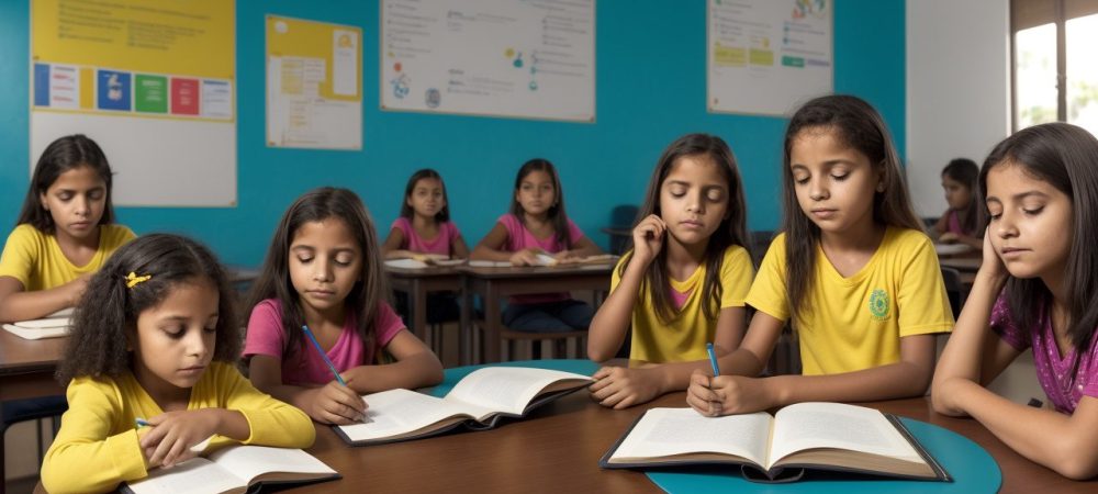 Crianças em sala de aula identificando dificuldades de aprendizagem com apoio de educadores