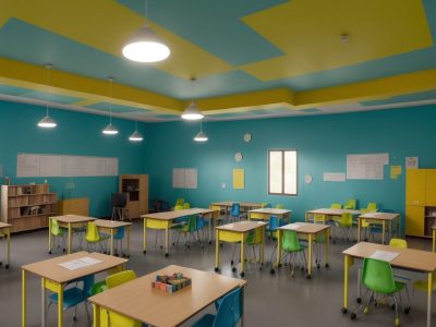 Ambiente escolar com crianças prestando atenção e materiais educativos sobre dificuldades de aprendizagem.