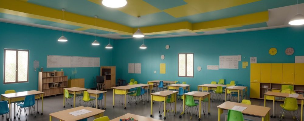 Ambiente escolar com crianças prestando atenção e materiais educativos sobre dificuldades de aprendizagem.