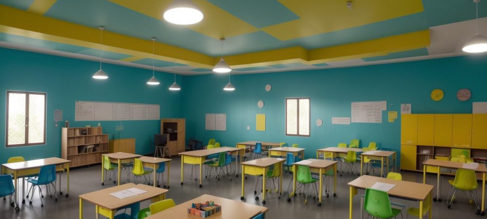 Ambiente escolar com crianças prestando atenção e materiais educativos sobre dificuldades de aprendizagem.