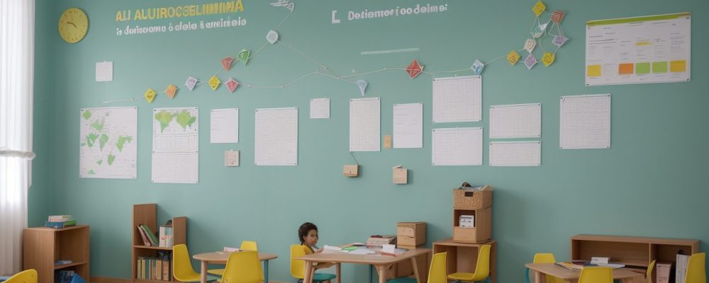 Cena de sala de aula com crianças enfrentando dificuldades de aprendizagem e educadores atentos.