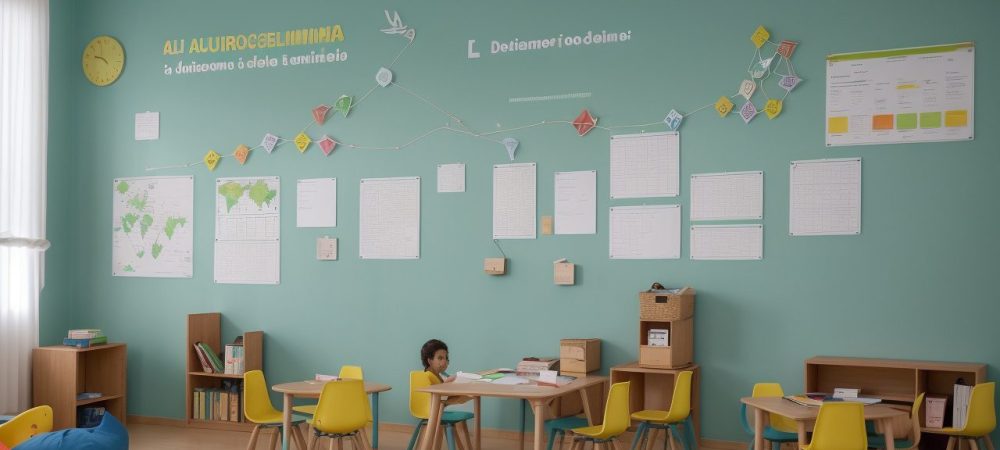 Cena de sala de aula com crianças enfrentando dificuldades de aprendizagem e educadores atentos.