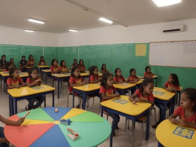 Sala de aula com alunos interagindo em atividades lúdicas para dificuldades de aprendizagem.