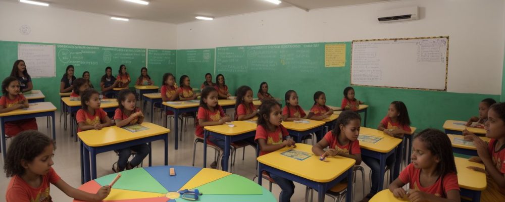 Sala de aula com alunos interagindo em atividades lúdicas para dificuldades de aprendizagem.